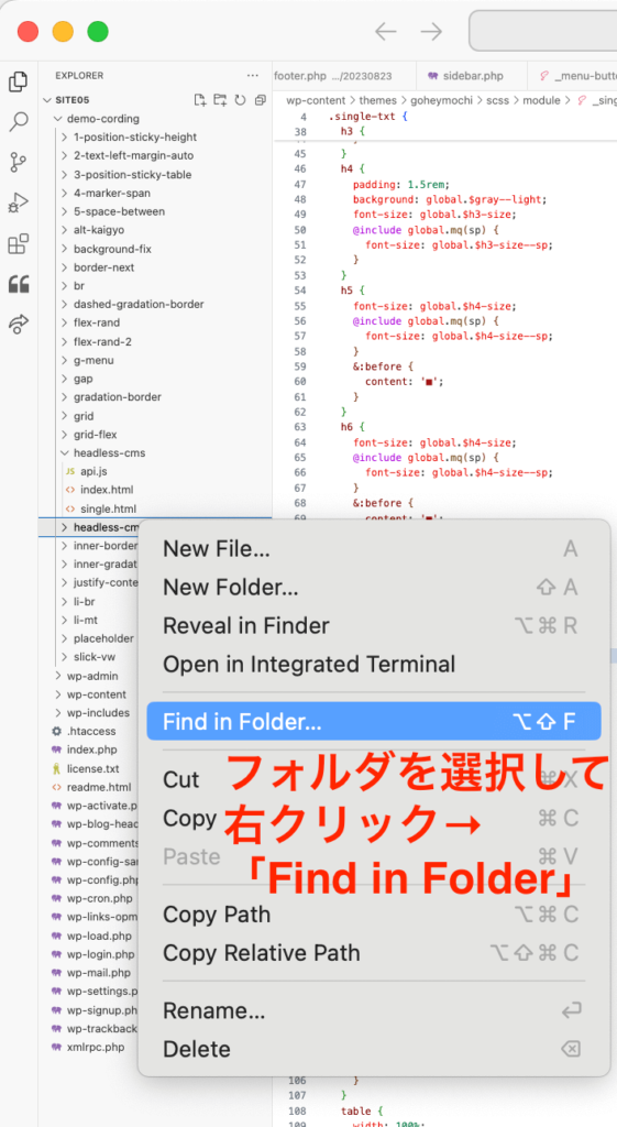 フォルダを選択して右クリック→「Find in Folderをクリック」